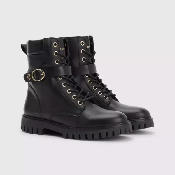 tommy hilfiger Δερμάτινα Γυναικεία Αρβυλάκια buckle lace up boot fw0fw06734 bds Μαύρα
