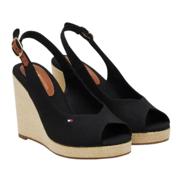 Tommy Hilfiger - Καλοκαιρινές Γυναικείες Πλατφόρμες Iconic Elena Sling Back Wedge FW0FW04789-BDS Μαύρο FW0FW04789-BDS