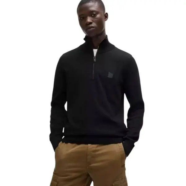 Hugo Boss - Ανδρικό Πουλόβερ Zip Neck Sweater In Cotton And Cashmere Kanobix 50527585-001 Μαύρο