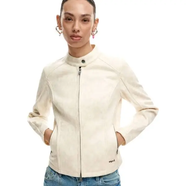 Desigual - Γυναικείο Δερμάτινο Μπουφάν Mao Collar Regular Fit 26SWEW10-1000 Λευκό