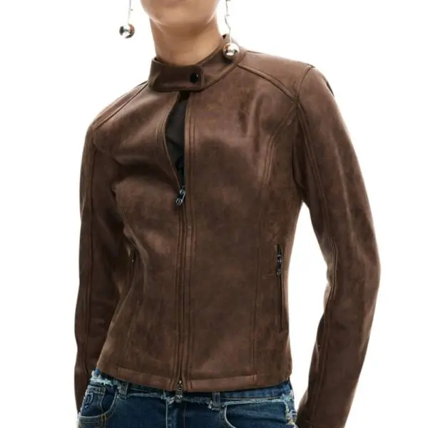 Desigual - Γυναικείο Δερμάτινο Μπουφάν Mao Collar Regular Fit 26SWEW10-6029 Καφέ 26SWEW10-6029