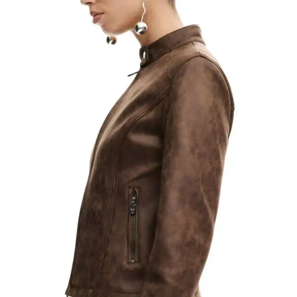 Desigual - Γυναικείο Δερμάτινο Μπουφάν Mao Collar Regular Fit 26SWEW10-6029 Καφέ 26SWEW10-6029