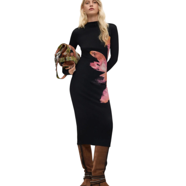 Desigual - Γυναικείο Midi Πλεκτό Φόρεμα Sevilla 26WWVK25-2000 Μαύρο με Σχέδια