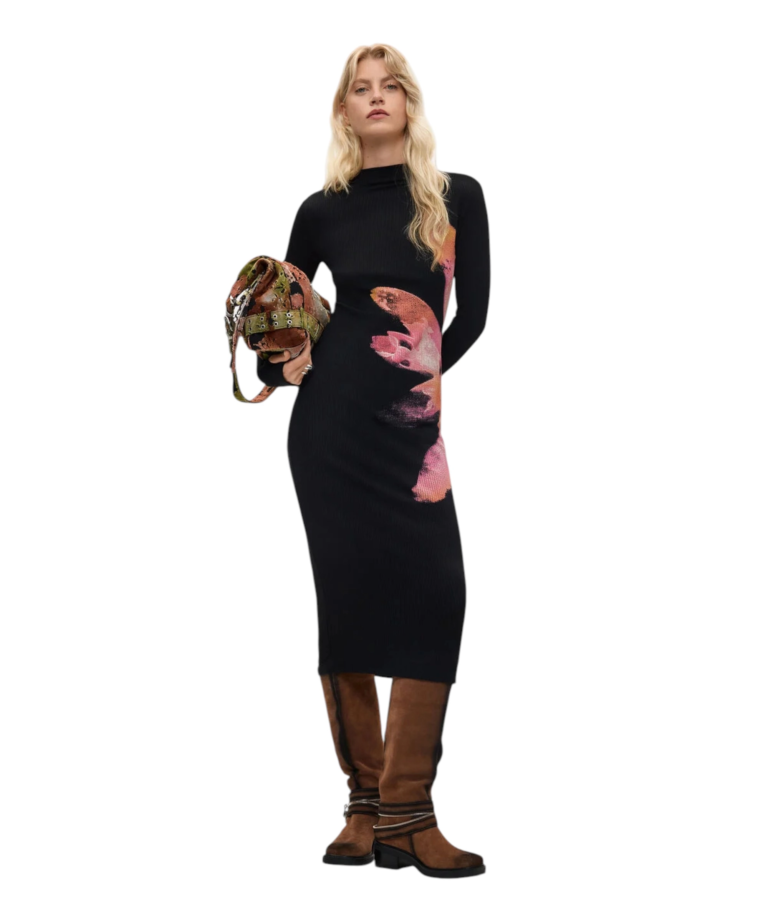 Desigual - Γυναικείο Midi Πλεκτό Φόρεμα Sevilla 26WWVK25-2000 Μαύρο με Σχέδια