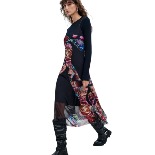 Desigual - Γυναικείο Ασύμμετρο Midi Φόρεμα Flowers M. C. Lacroix 26WWVK04-2000 Μαύρο 26WWVK04-2000