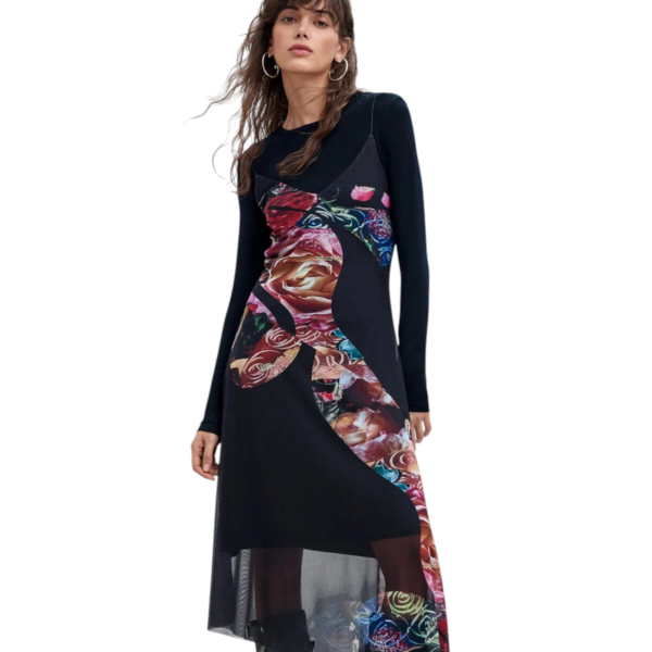 Desigual - Γυναικείο Ασύμμετρο Midi Φόρεμα Flowers M. C. Lacroix 26WWVK04-2000 Μαύρο