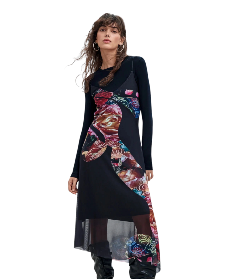 Desigual - Γυναικείο Ασύμμετρο Midi Φόρεμα Flowers M. C. Lacroix 26WWVK04-2000 Μαύρο