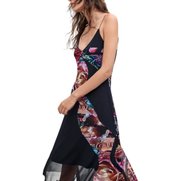Desigual - Γυναικείο Ασύμμετρο Midi Φόρεμα Flowers M. C. Lacroix 26WWVK04-2000 Μαύρο 26WWVK04-2000