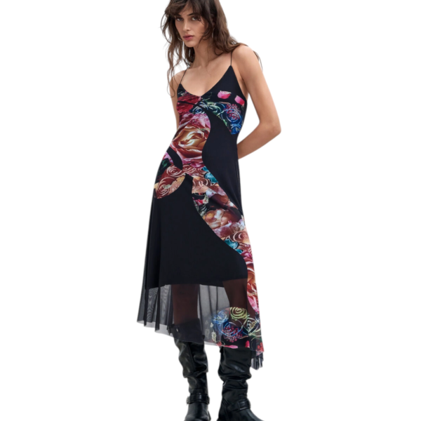 Desigual - Γυναικείο Ασύμμετρο Midi Φόρεμα Flowers M. C. Lacroix 26WWVK04-2000 Μαύρο 26WWVK04-2000