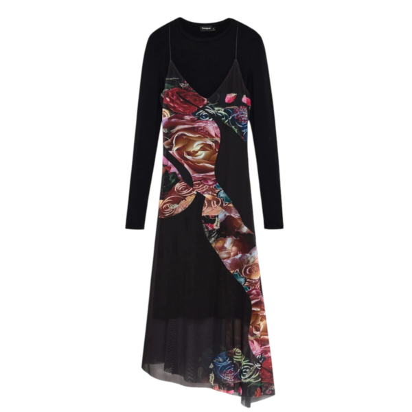Desigual - Γυναικείο Ασύμμετρο Midi Φόρεμα Flowers M. C. Lacroix 26WWVK04-2000 Μαύρο 26WWVK04-2000