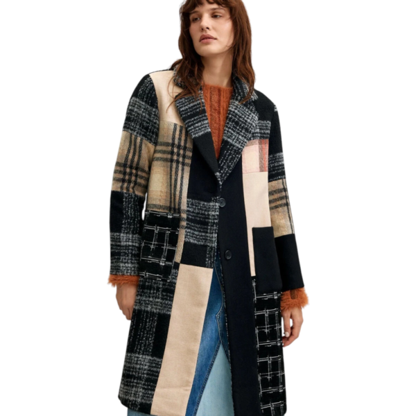 Desigual - Γυναικείο Μακρύ Παλτό Parches 26WWEW23-2000 Μαύρο/Μπεζ 26WWEW23-2000