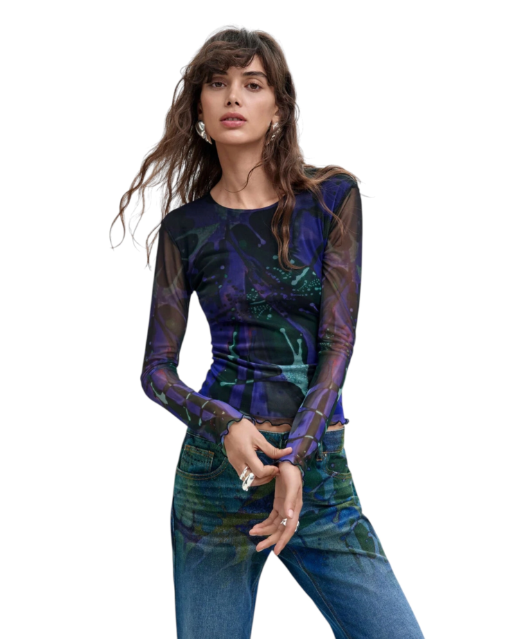 Desigual - Γυναικεία Τούλινη Μπλούζα Dotsleaf 26WWTK02-5022 Μπλε/Πράσινο