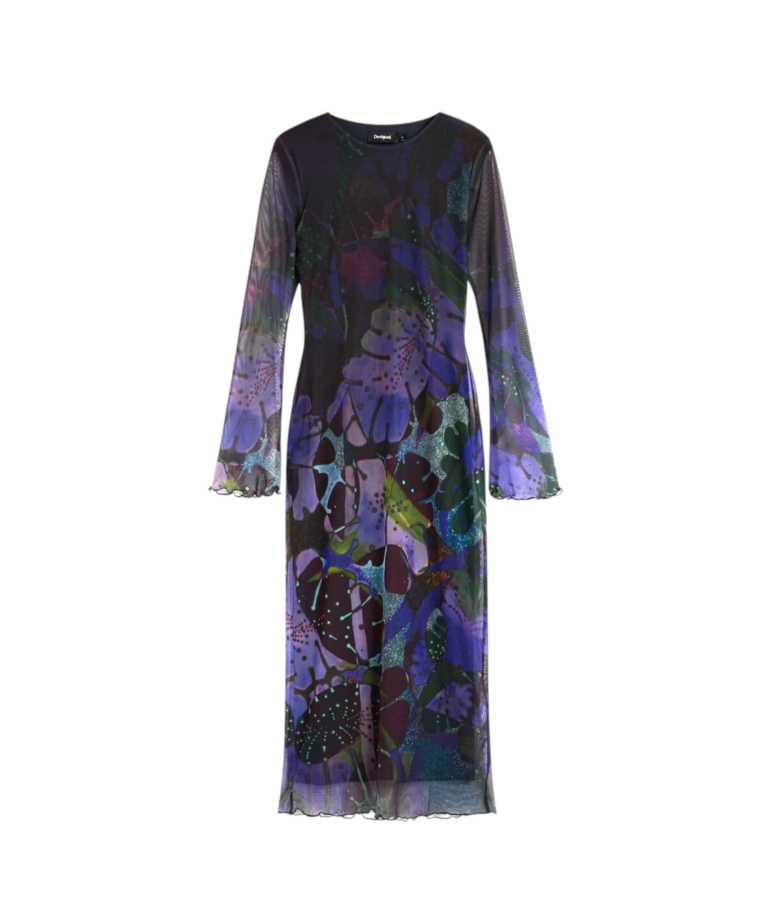 Desigual - Γυναικείο Μακρύ Τούλινο Φόρεμα Leafs 26WWVW24-4092 Μπλε/Μωβ