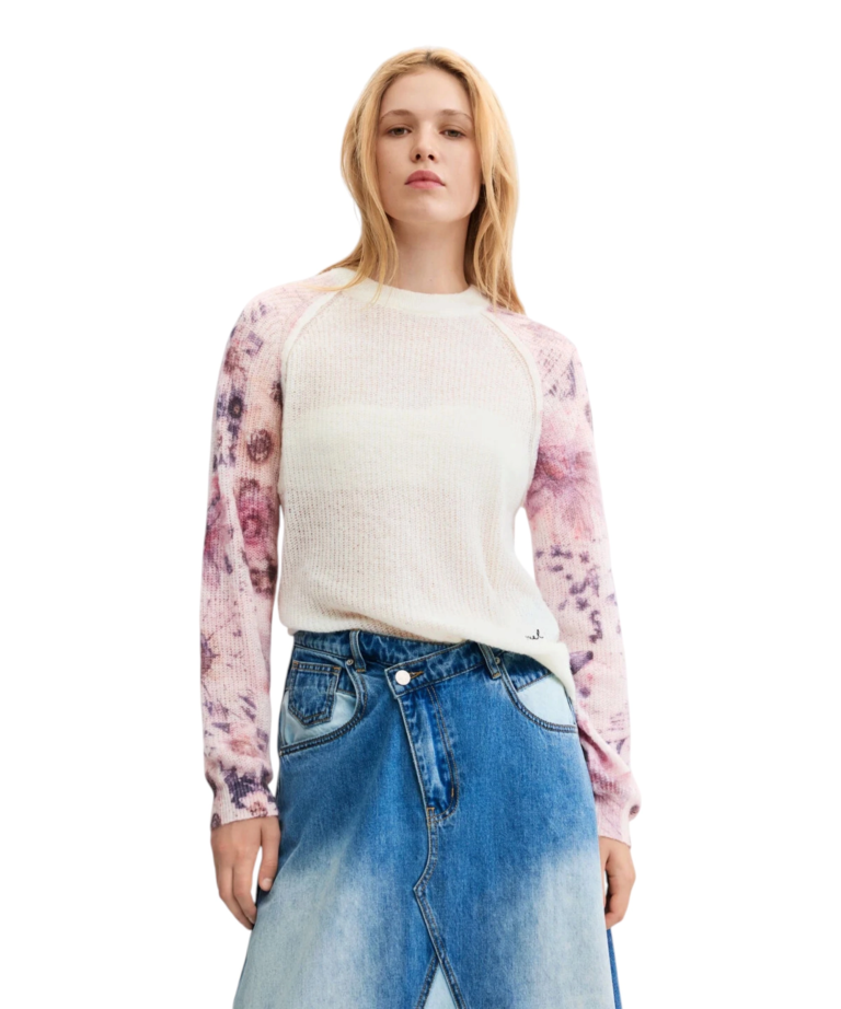 Desigual - Γυναικείο Πλεκτό Πουλóβερ Fantybotanic 26WWJF19-1001 Λευκό με Σχέδια