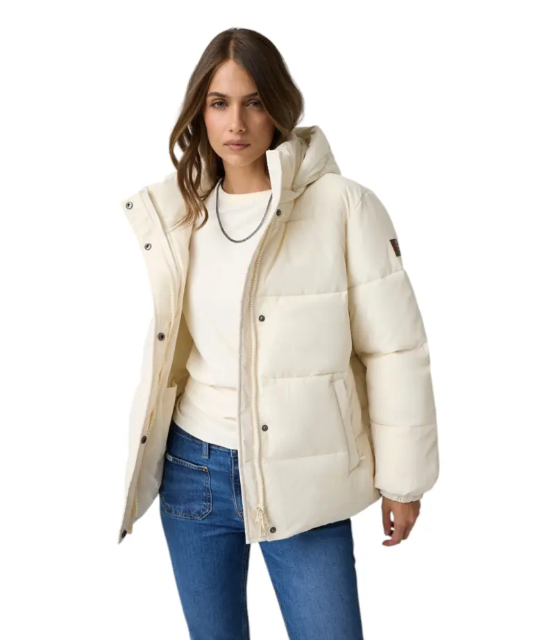 Guess - Γυναικείο Φουσκωτό Μπουφάν με Κουκούλα W6BL27W3793-G053 Λευκό/Ασημί